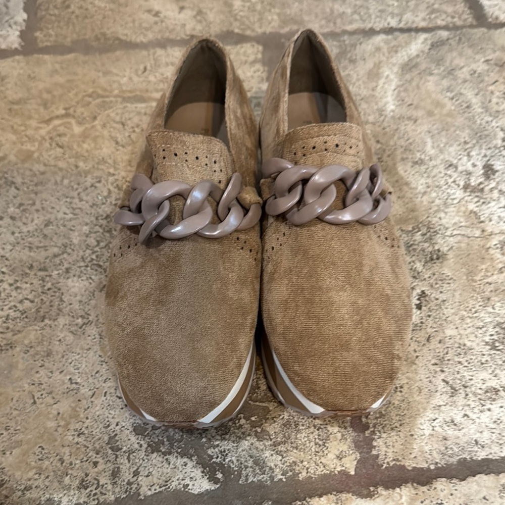 Women’s Tan Suede Loafers with Chain Detail
